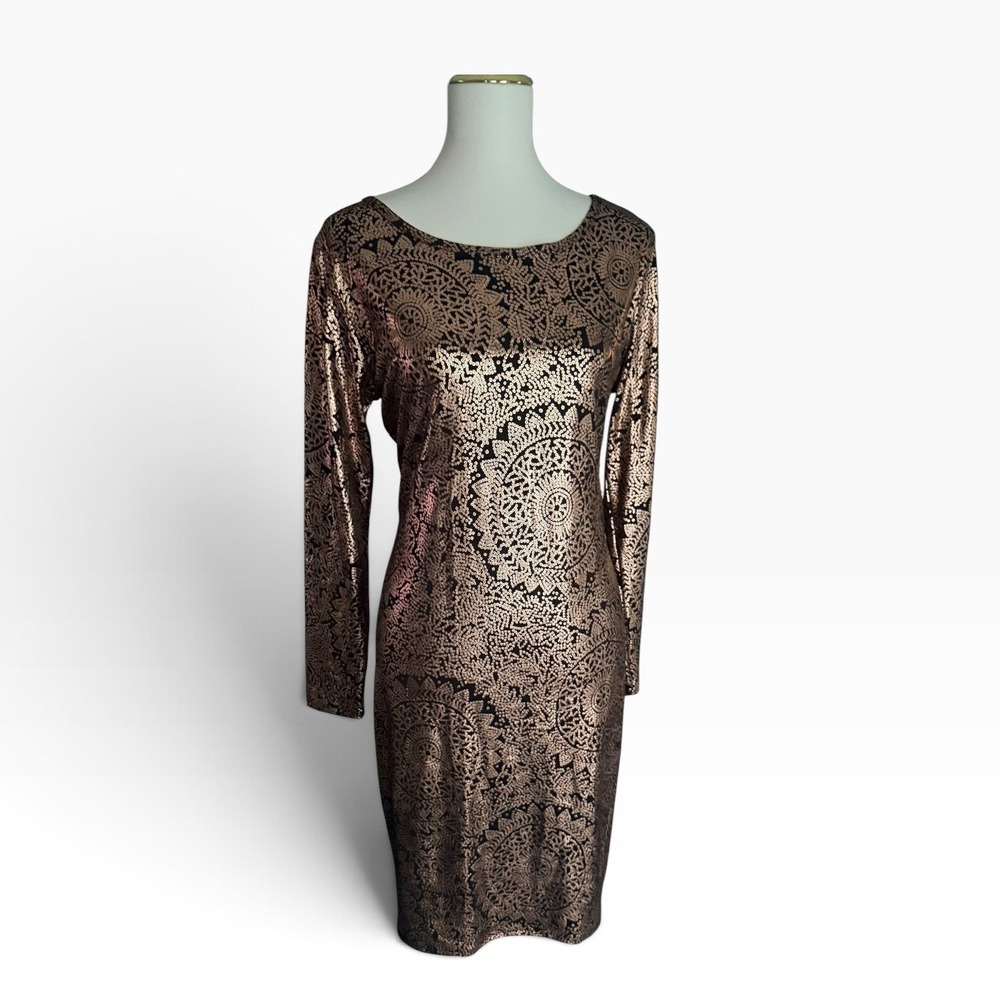 LuLaRoe Debbie Elegant Dress L Black Copper Metallic Cocktail Sheath NWT